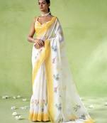 Yellow silk blend printed saree