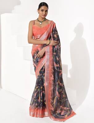 Black cotton blend printed saree 1