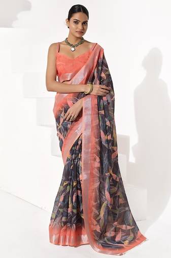 Black cotton blend printed saree