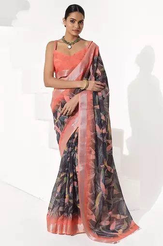 Black cotton blend printed saree