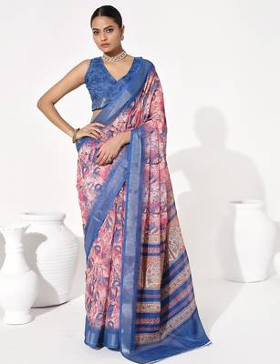 Blue cotton blend printed saree 1