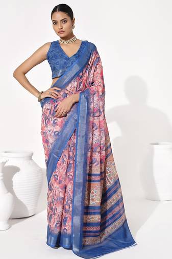 Blue cotton blend printed saree