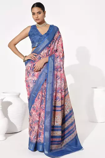 Blue cotton blend printed saree