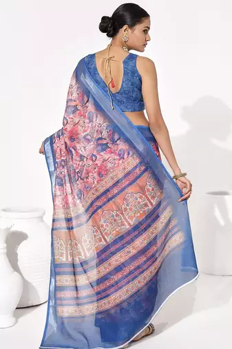 Blue cotton blend printed saree