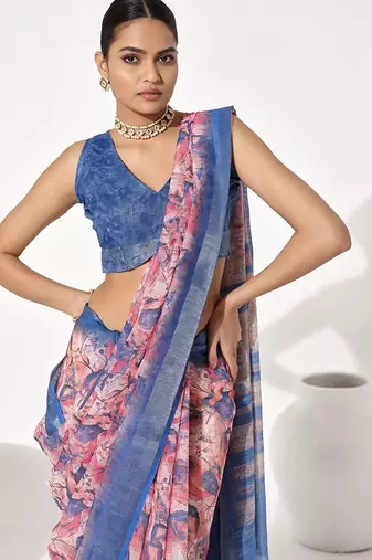 Blue cotton blend printed saree