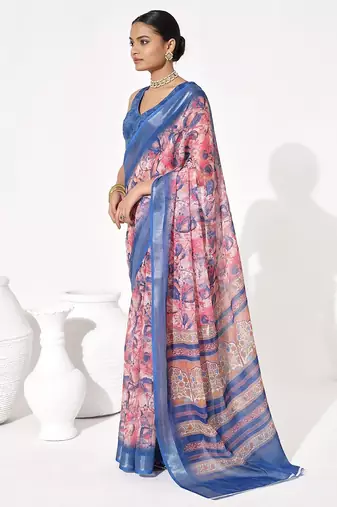 Blue cotton blend printed saree