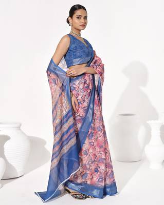 Blue cotton blend printed saree 5