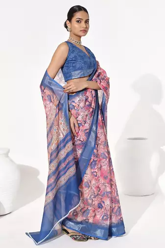 Blue cotton blend printed saree