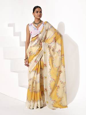 Yellow cotton blend printed saree 1