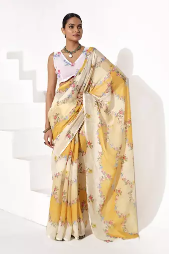 Yellow cotton blend printed saree