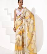 Yellow cotton blend printed saree