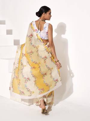 Yellow cotton blend printed saree 2