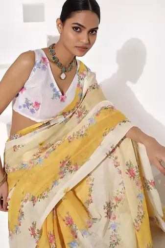 Yellow cotton blend printed saree