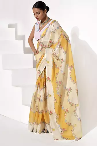 Yellow cotton blend printed saree