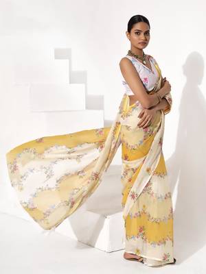 Yellow cotton blend printed saree 5