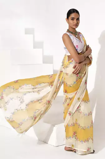Yellow cotton blend printed saree