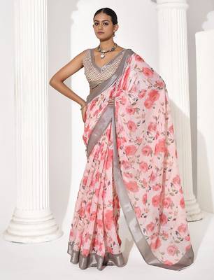 Pink cotton blend printed saree 1