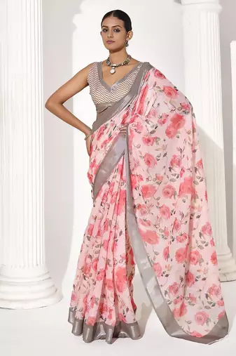 Pink cotton blend printed saree