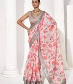 Pink cotton blend printed saree