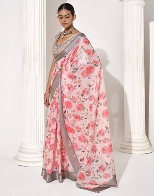 Pink cotton blend printed saree 4