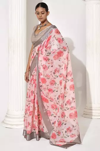 Pink cotton blend printed saree