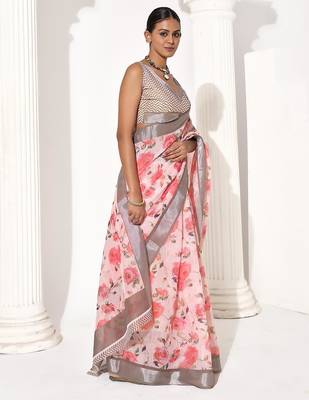 Pink cotton blend printed saree 5
