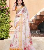 Off white linen cotton printed saree