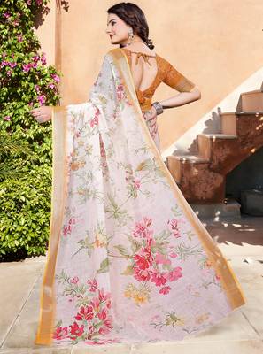 Off white linen cotton printed saree 2