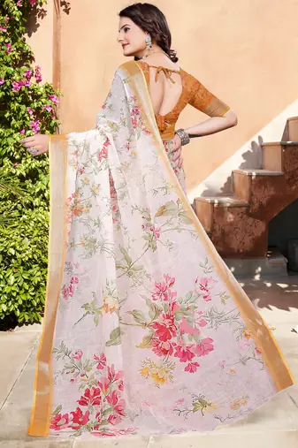 Off white linen cotton printed saree