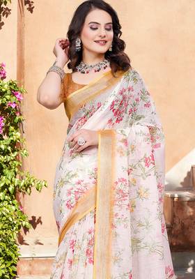 Off white linen cotton printed saree 3