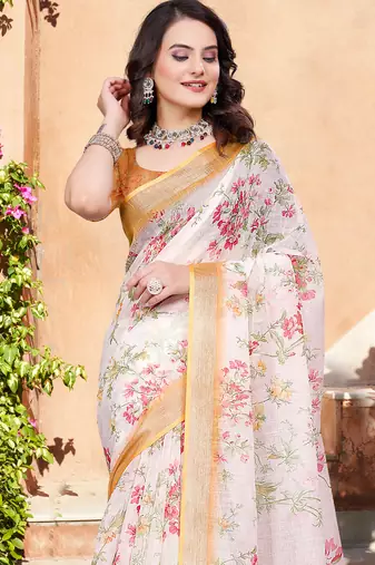 Off white linen cotton printed saree