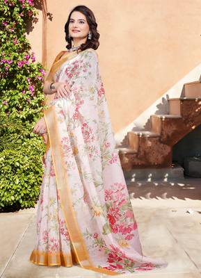 Off white linen cotton printed saree 4
