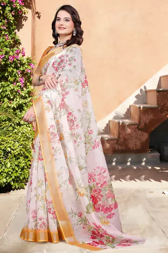 Off white linen cotton printed saree