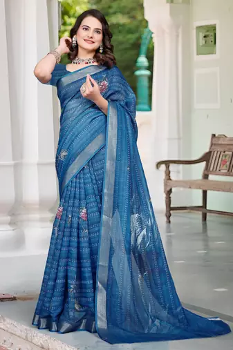 Teal blue linen cotton printed saree