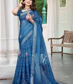 Teal blue linen cotton printed saree