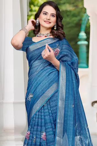 Teal blue linen cotton printed saree