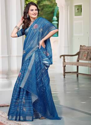 Teal blue linen cotton printed saree 4