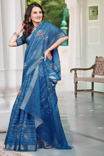 Teal blue linen cotton printed saree