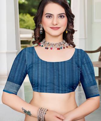 Teal blue linen cotton printed saree 5