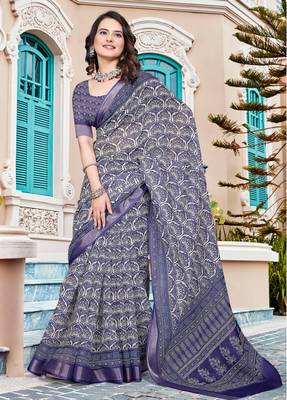 Purple linen cotton printed saree 1