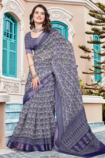 Purple linen cotton printed saree