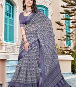 Purple linen cotton printed saree
