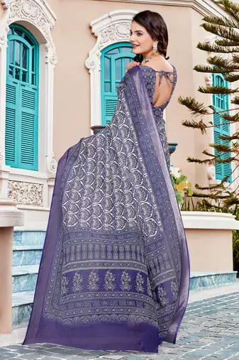 Purple linen cotton printed saree