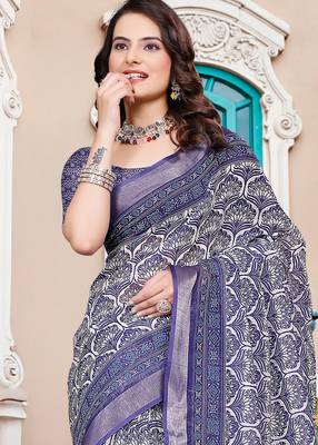 Purple linen cotton printed saree 3