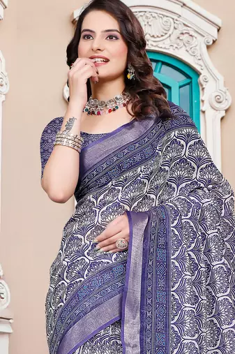 Purple linen cotton printed saree