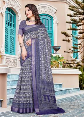 Purple linen cotton printed saree 4