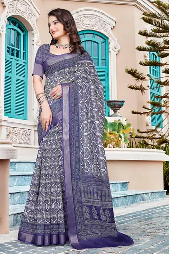 Purple linen cotton printed saree