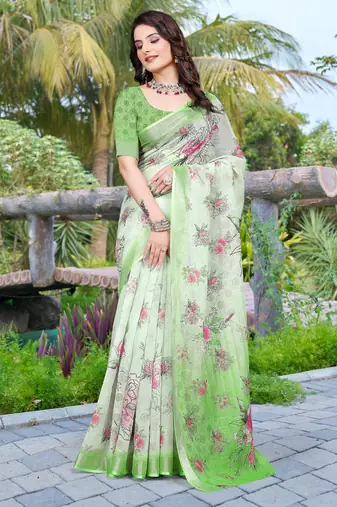 Green linen cotton printed saree