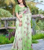 Green linen cotton printed saree