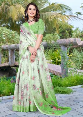 Green linen cotton printed saree 4